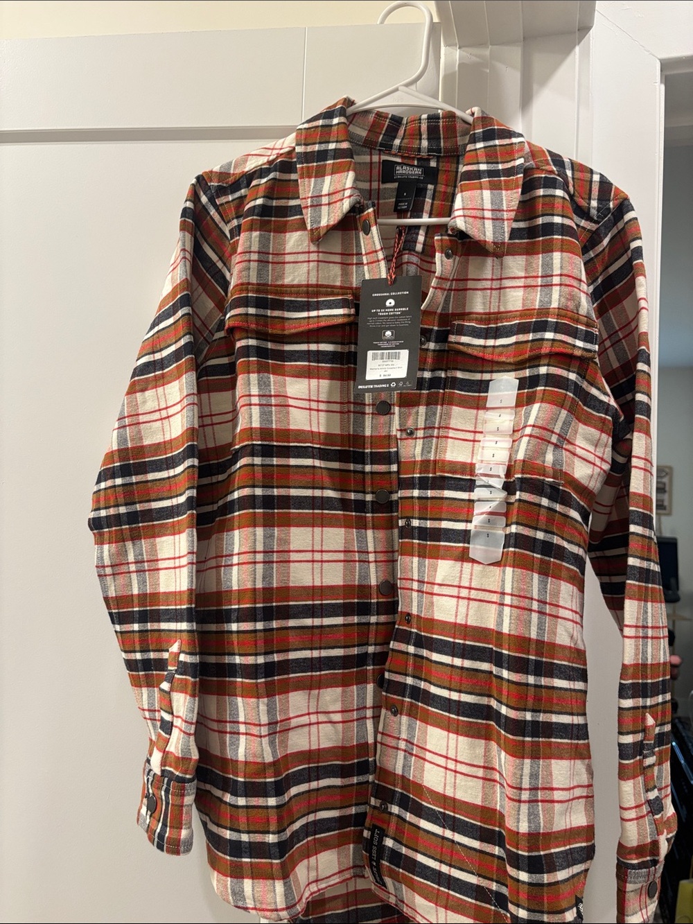 Duluth Trading Co Plaid Button-Down Shirt in Cream, Brown & Black